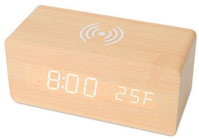 Digital Alarm Clock with Voice Control, Time, Temperature, and Calendar (Color: Bamboo)