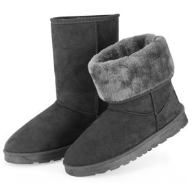 Women's Snow Boots, Waterproof Faux Suede, Mid-Calf, Fur Warm Lining (Color: Grey, Size: 10)