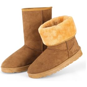 Women's Snow Boots, Waterproof Faux Suede, Mid-Calf, Fur Warm Lining (Color: Chestnut, Size: 5)