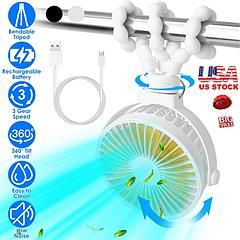 Portable Baby Stroller Fan with Flexible Tripod Clip, 3 Speeds, 360° Tilt Head (Color: White)